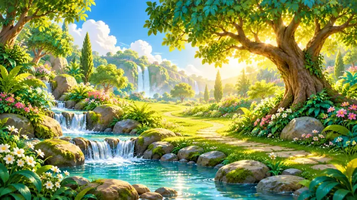 A sunlit garden with a clear stream, flowering plants and a large tree, with green hills and a waterfall behind.