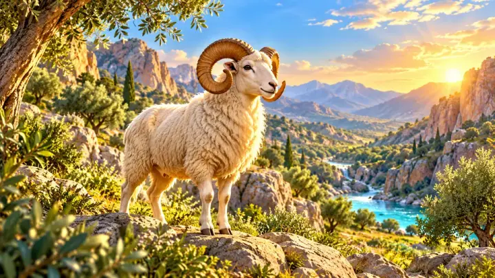 A white ram with curled horns standing on a rocky ledge among olive trees, above a green valley with a river and mountains.