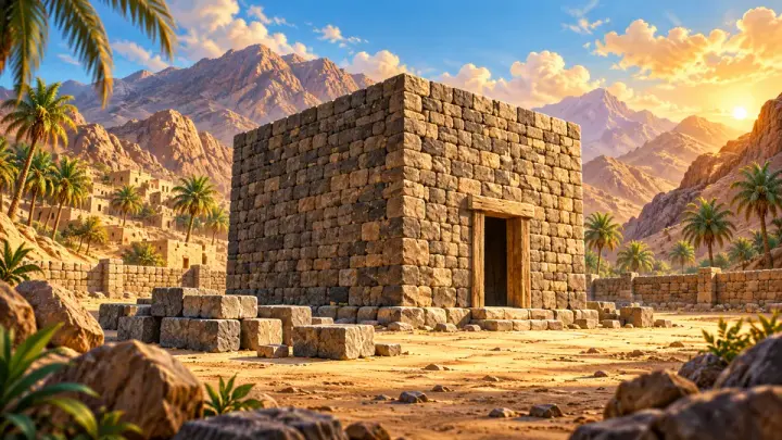 An illustration of the Kaaba as a simple square stone building with a dark doorway, in a desert valley with palm trees and rocky hills.