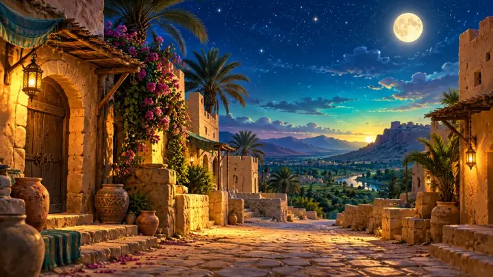 A quiet stone street at night lit by lanterns, with flowering vines, clay pots, a full moon and a starry sky over a valley.