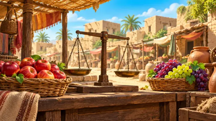 A market stall with a wooden balance scale, a basket of red apples and a bunch of grapes, with cloth awnings and clay buildings behind.