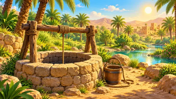 A stone well with a wooden frame, rope and bucket beside a green oasis with palm trees and a bright blue river.