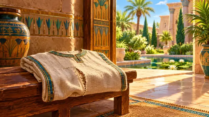 A cream-coloured tunic with teal trim lying folded on a wooden bench in a bright Egyptian-style room with painted columns and a garden pond.