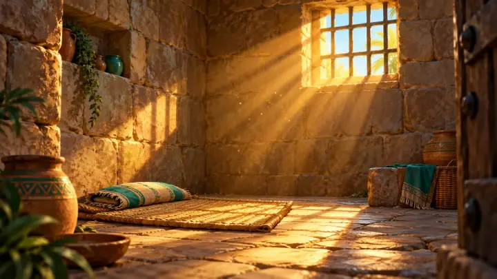 A stone prison room with a barred window letting in beams of golden light, a woven mat, a rolled blanket and clay pots on the floor.