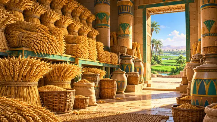 A storehouse stacked with bundles of golden wheat, baskets of grain and painted jars, with an open doorway onto green fields.