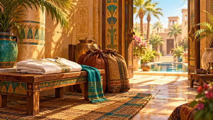 A folded white shirt and teal cloth on a wooden bench beside two grain sacks, in a sunny Egyptian-style room opening onto a courtyard pool.