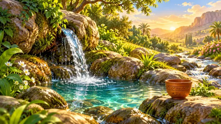 A small waterfall flowing into a clear turquoise pool among mossy rocks and flowers, with a clay bowl resting on a stone.