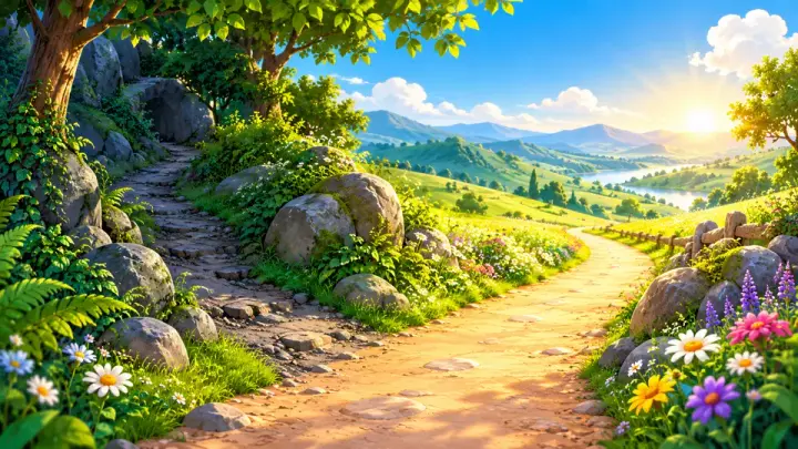 A winding dirt path climbing past rocks and wildflowers toward green hills, a river and the rising sun.