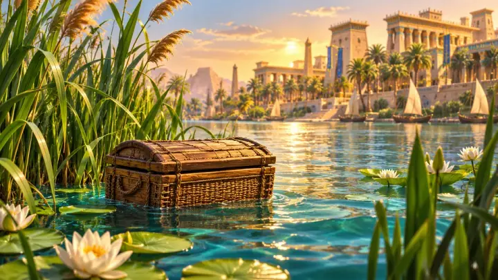 A woven wooden chest floating among reeds and water lilies on a calm river, with a grand palace, trees and sailboats in the distance.