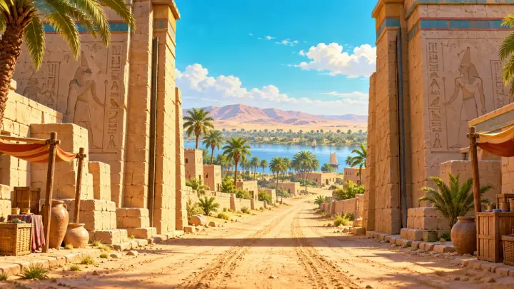 A sandy road between tall carved Egyptian stone gateways, leading toward palm trees, a river and distant desert hills under a blue sky.