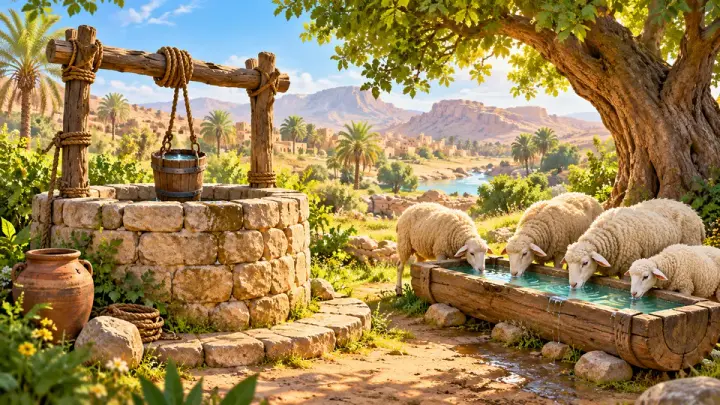 A stone well with a wooden frame and bucket beside a trough where four sheep drink, under a large tree with palms, a river and hills behind.