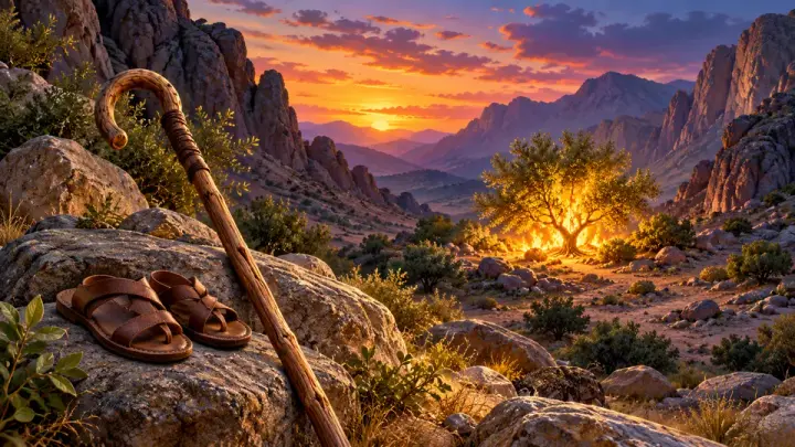At sunset, a glowing bush on a rocky mountainside, with leather sandals and a wooden walking staff resting on rocks in the foreground.