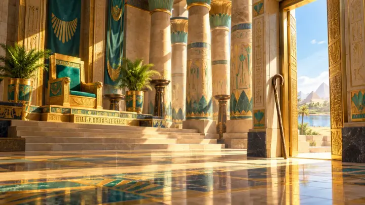 A grand hall with tall painted columns, a golden throne with teal cushions at the top of wide steps, a staff by the doorway and sunlight on the floor.