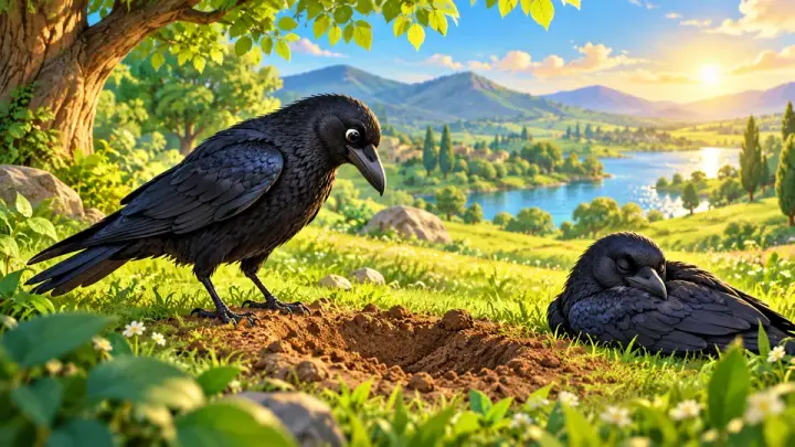 A black crow scratching at freshly dug earth in a green meadow, with a second crow lying on the grass, a lake and mountains behind.
