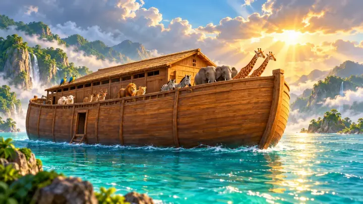A large wooden boat with a roofed deck carrying giraffes, elephants, lions and zebras on turquoise water, with cliffs and a sunburst sky.