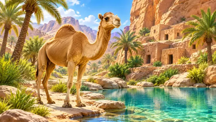 A tan camel standing beside a clear turquoise pool, with palm trees and homes carved into rocky cliffs behind.