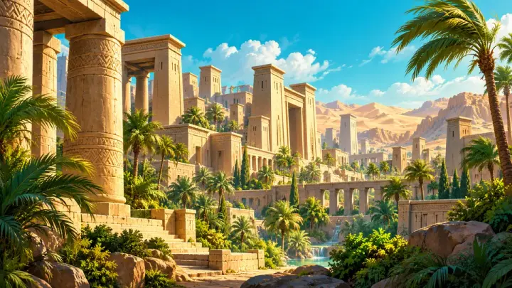 A grand sandy-coloured city with carved stone columns, tall gateways and palm trees under a bright blue sky.
