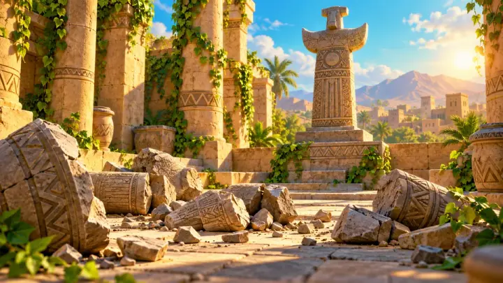 Broken pieces of carved stone on the ground of an old courtyard with vine-covered pillars, and a tall carved statue standing behind.