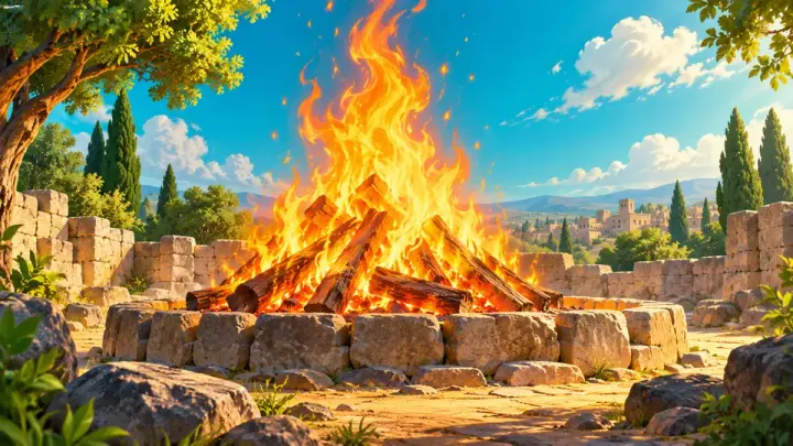 A tall bonfire of stacked logs inside a ring of stones, flames rising high, with trees, old walls and a distant town around it.