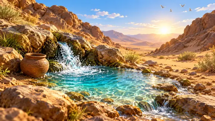 Clear blue water bubbling from rocks into a pool in a dry, rocky valley, with a clay jar nearby, birds in the sky and a low sun.