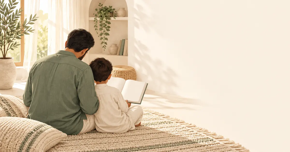 A parent and child reading an open book together