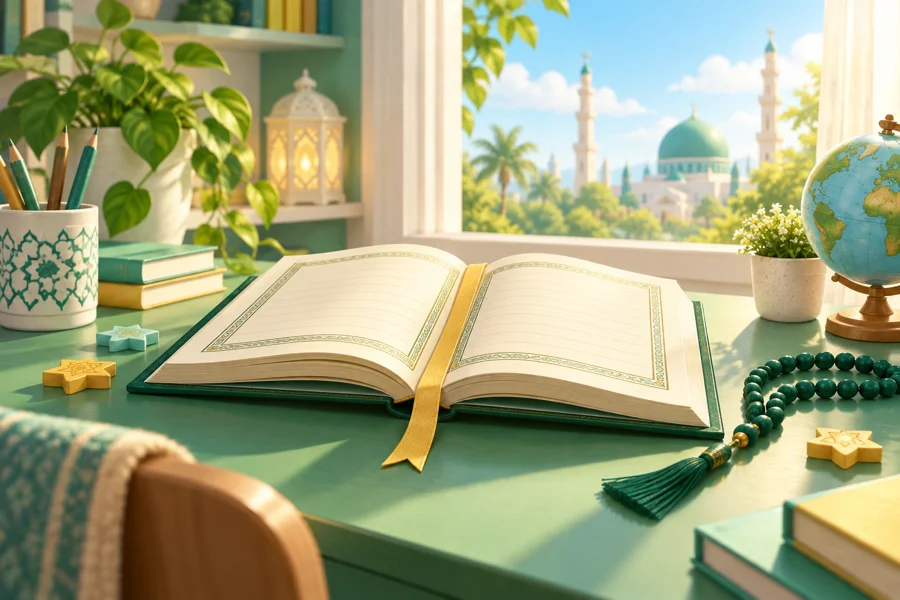 An open learning book on a sunny green desk