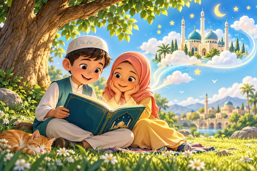 Two children enjoying a colorful story together outdoors