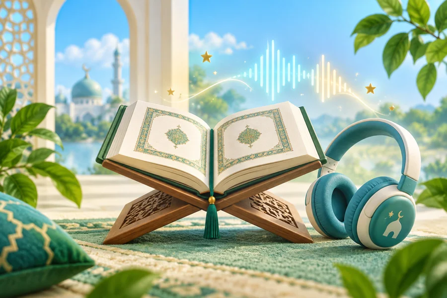 An open Quran with headphones and gentle sound waves
